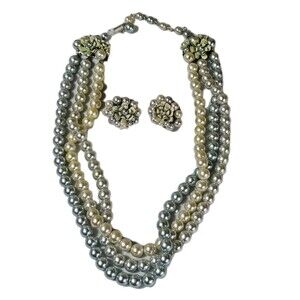 Vintage Japan Faux Pearl 3-Strand Necklace & Clip-On Earrings Set Floral Cluster